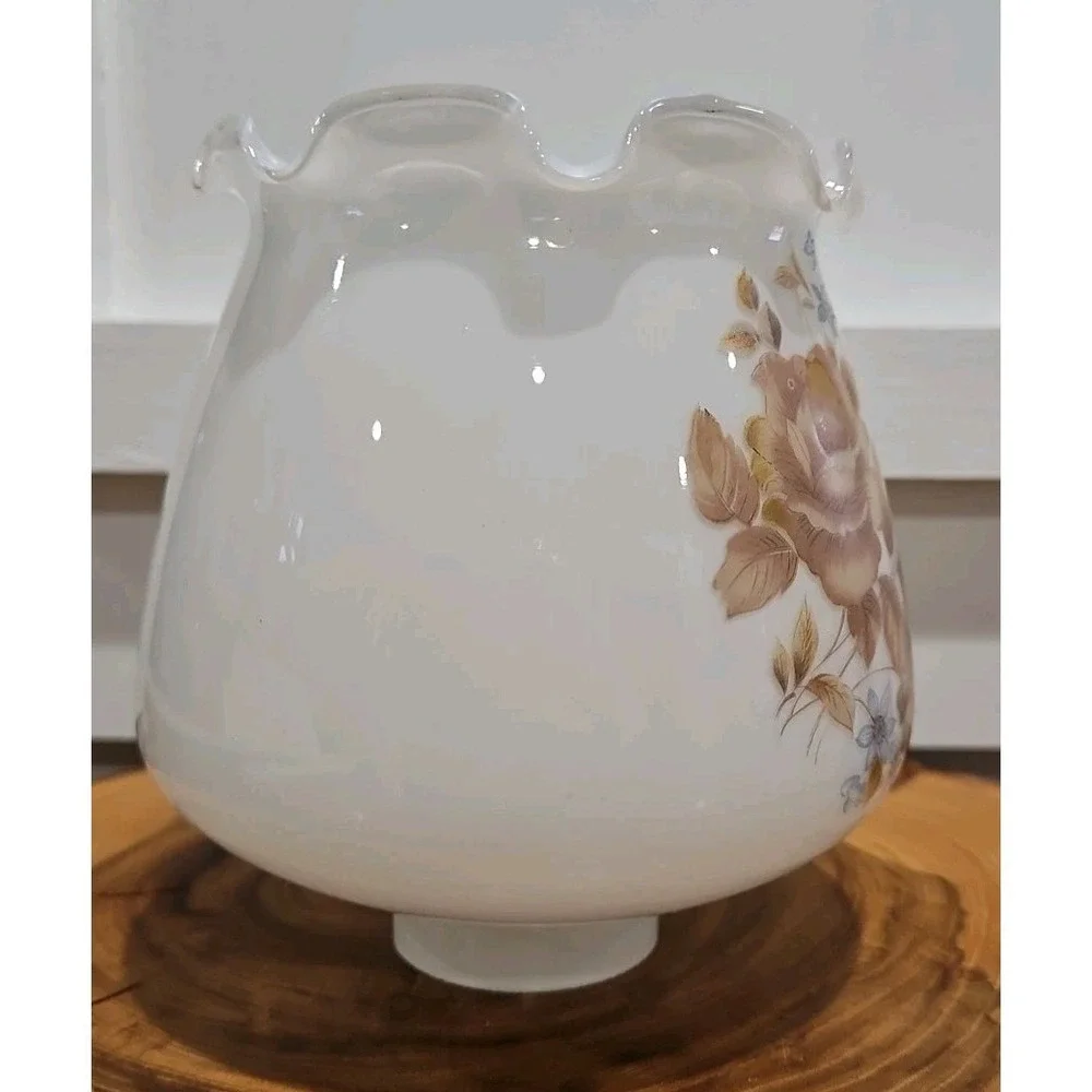 Vintage Milk Glass Hurricane Floral Lamp Shade With Ruffled Top 1.5 Inc Fitter